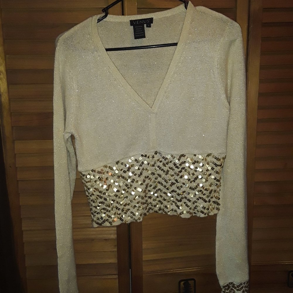 Venus SZ SM Cream Gold Sparkle Sequin Waist Cuffs Cashmere Wool Crop Sweater